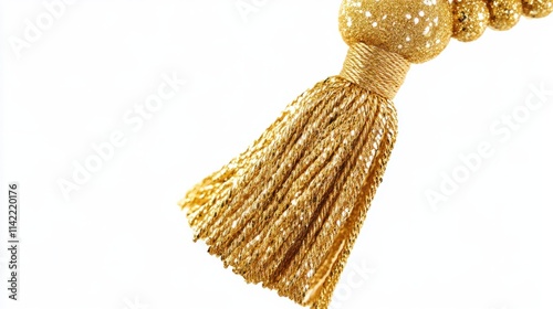 A finely detailed golden tassel ornament with glittering accents, perfect for elegant designs, isolated on a bright white background