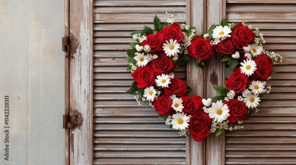 Beautiful Heart-Shaped Floral Wreath with Red Roses and White Daisies on Rustic Wooden Background, Perfect for Celebrations and Home Decor Beautiful Heart-Shaped Floral Wreath with Red Roses and White Daisies on Rustic Wooden Background, Perfect for Celebrations and Home Decor