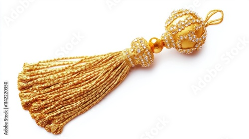 A finely detailed golden tassel ornament with glittering accents, perfect for elegant designs, isolated on a bright white background
