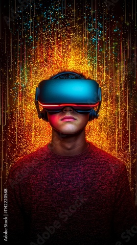 Futuristic VR Gaming Scene with Glowing Data Streams
