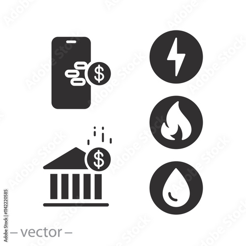 invoice pay for gas electricity and water, online utility bills payment icon, save budget, set flat vector illustration