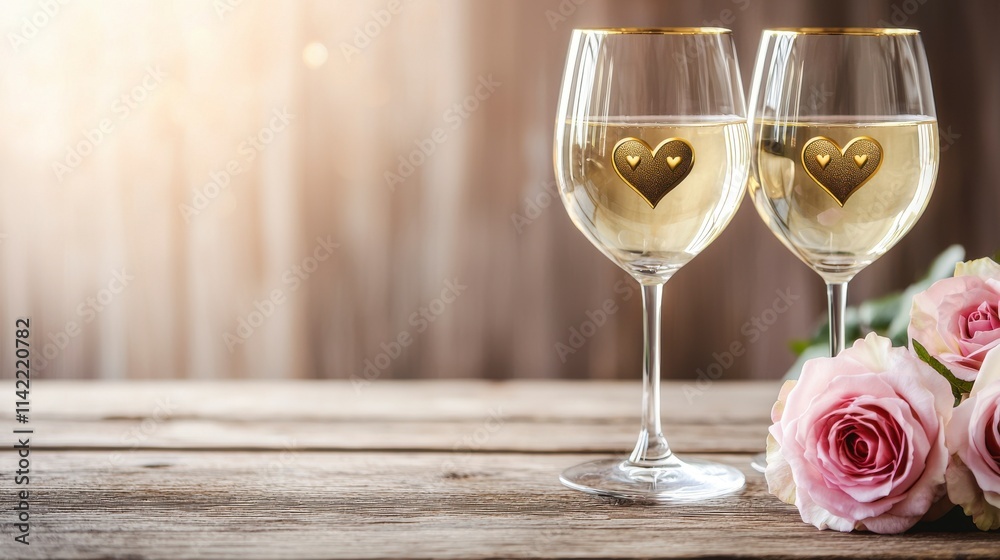 Romantic Toast with Elegant Glasses Filled with White Wine and Beautiful Pink Roses on Rustic Wooden Table in Soft Natural Light Romantic Toast with Elegant Glasses Filled with White Wine and Beautiful Pink Roses on Rustic Wooden Table in Soft Natural Light
