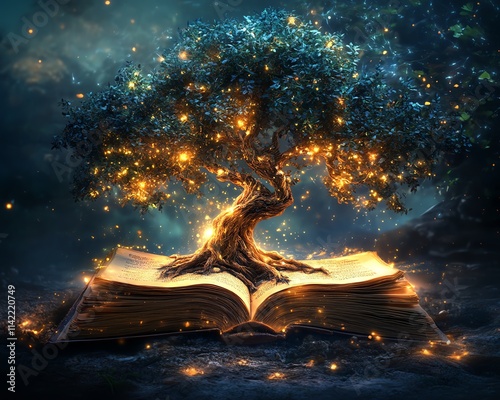 A mystical tree growing from the pages of an ancient book, surrounded by glowing magical lights, symbolizing knowledge and nature s power photo