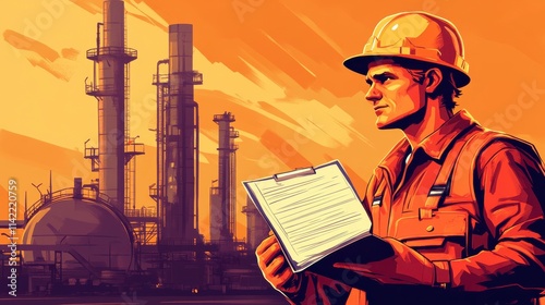 Worker with Clipboard at Refinery During Golden Hour