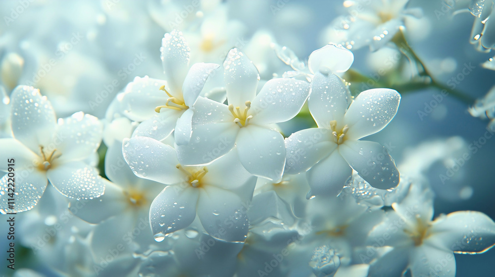 A bouquet of freshly bloomed jasmine flowers, their delicate white petals glistening with morning dew, ready for distillation into a fragrant perfume. A bouquet of freshly bloomed jasmine flowers, their delicate white petals glistening with morning dew, ready for distillation into a fragrant perfume.