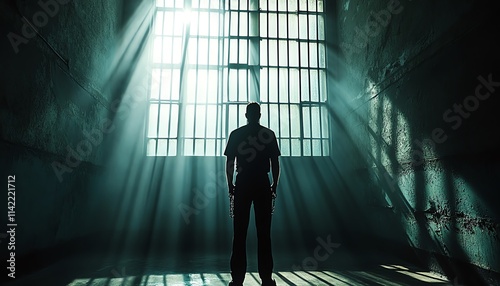 A solitary figure of a man handcuffed inside a prison cell, with the iron bars casting long shadows, creating a feeling of confinement and tension photo