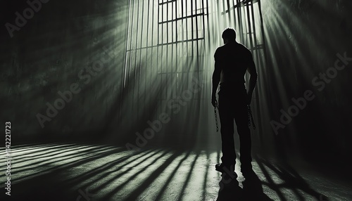 A solitary figure of a man handcuffed inside a prison cell, with the iron bars casting long shadows, creating a feeling of confinement and tension photo