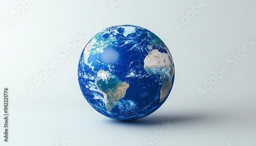 A striking blue Earth globe floating alone, with the USA highlighted in bold blue, creating a visual contrast against a minimalist white background photo