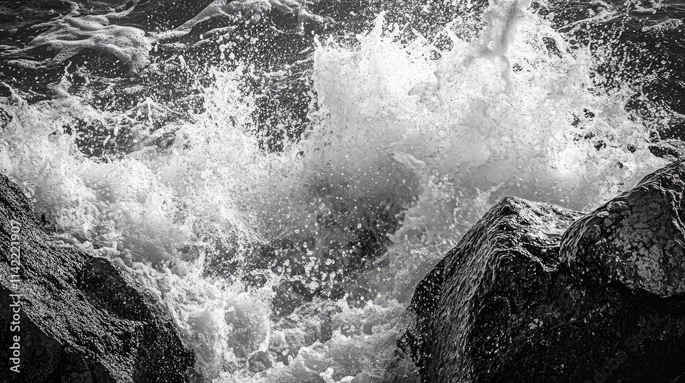 Obraz premium Dramatic black and white ocean wave crashing against rugged rocks in a powerful seaside landscape