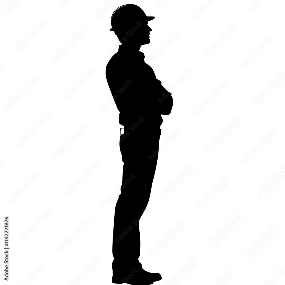 Silhouette of a man in a hard hat, arms crossed. Silhouette of a man in a hard hat, arms crossed.