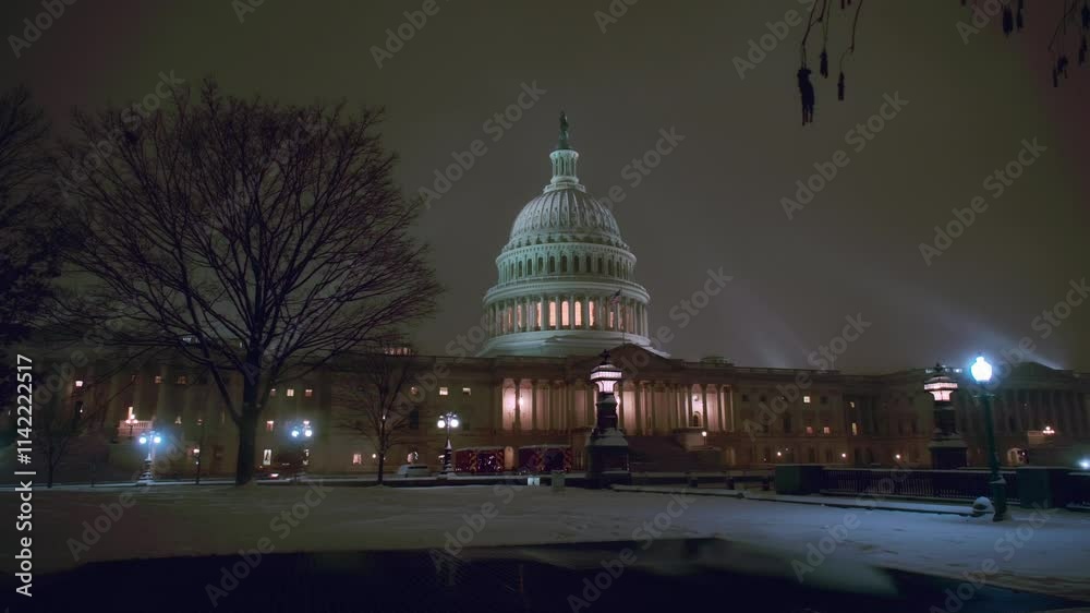 Capitol building at winter in snow. Capitol democracy in USA Washington DC, Capitol building USA. Washington monument. USA Congress. Capitol is symbolic of USA. Night winter in Washington D C.