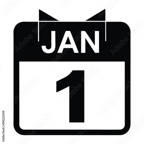 Calendar icon, January 1st, black and white design, minimalist graphic, tear-off calendar style,
