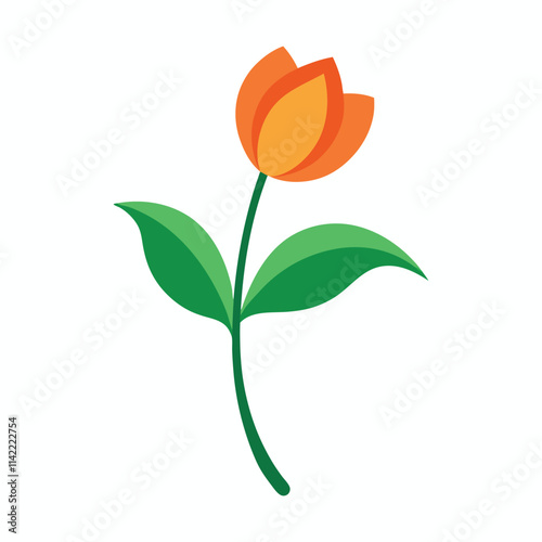 Minimalist tulip illustration, vibrant orange petals, simple green stem and leaves.