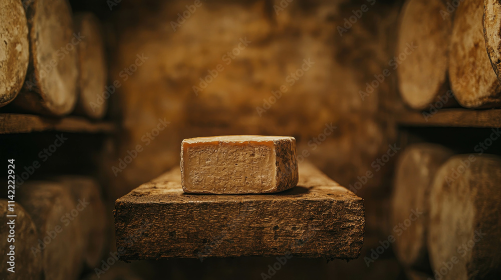 Block of Cheese on Wooden Shelf in Rustic Storage Space Block of Cheese on Wooden Shelf in Rustic Storage Space