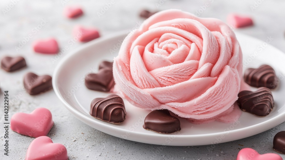 Delicious pink rose-shaped ice cream on a white plate surrounded by chocolate hearts and pink love shapes, perfect for romantic occasions and dessert photography. Delicious pink rose-shaped ice cream on a white plate surrounded by chocolate hearts and pink love shapes, perfect for romantic occasions and dessert photography.