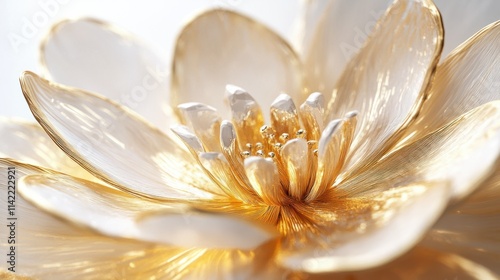 A shimmering golden flower motif with finely detailed petals, creating a luxurious vibe, floating on a white background