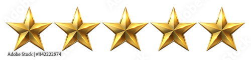 Five golden stars cut out isolated on transparent background