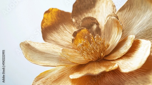 A shimmering golden flower motif with finely detailed petals, creating a luxurious vibe, floating on a white background