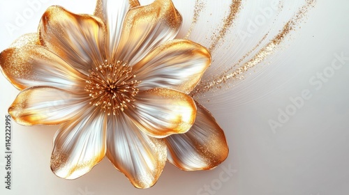 A shimmering golden flower motif with finely detailed petals, creating a luxurious vibe, floating on a white background