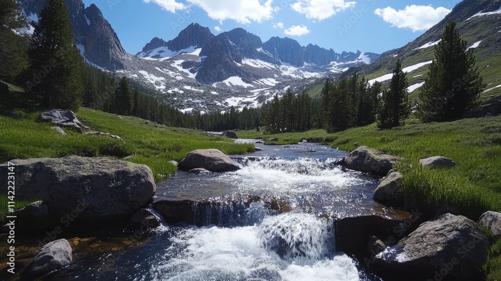Naklejka premium Majestic mountain stream cascading through lush greenery with snow-capped peaks under a bright spring sky