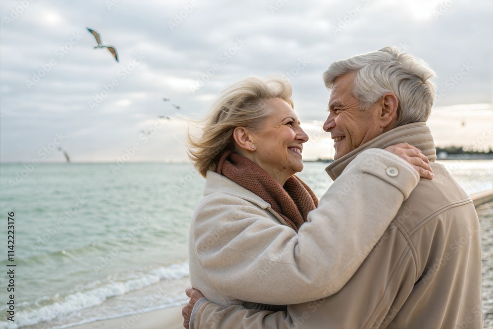 Loving elderly woman embracing her husband at the beach Loving elderly woman embracing her husband at the beach