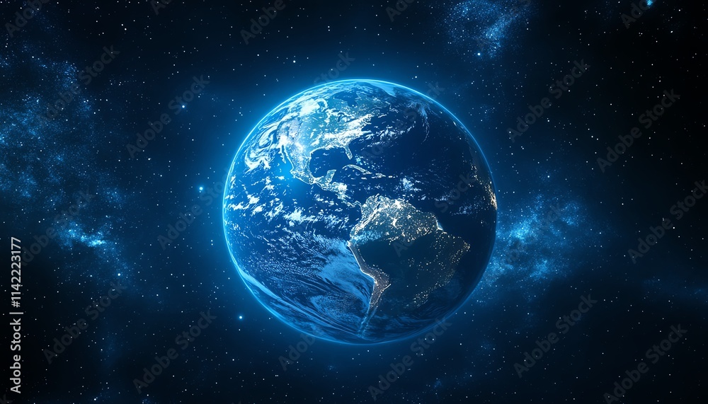 Blue Earth globe isolated in space, with the USA continent glowing in deep blue, capturing the world s focus on the United States Blue Earth globe isolated in space, with the USA continent glowing in deep blue, capturing the world s focus on the United States