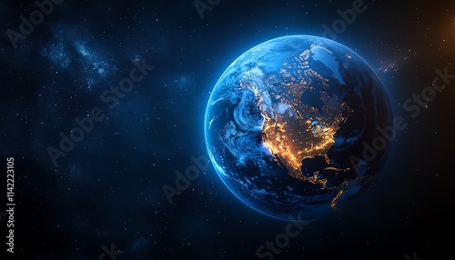 Blue Earth globe isolated in space, with the USA continent glowing in deep blue, capturing the world s focus on the United States