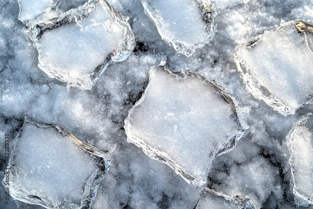 Close-up of broken ice chunks on snow. Illustrates cold winter textures; perfect for backgrounds or winter-themed designs. Close-up of broken ice chunks on snow. Illustrates cold winter textures; perfect for backgrounds or winter-themed designs.