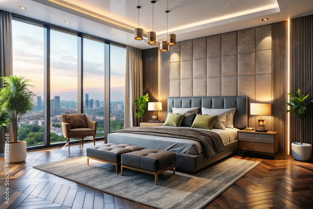 Fototapeta premium 3D Modern Luxury Bedroom Design: Rule of Thirds Interior Visualization