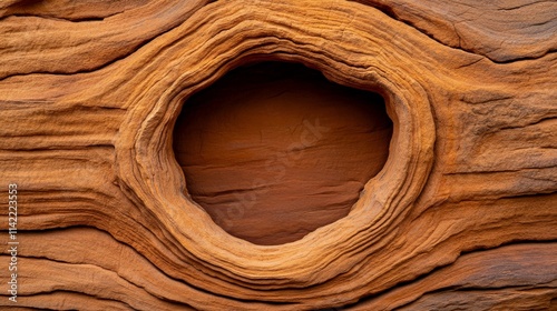 Stone Circle Abstract: A captivating close-up reveals a smooth, circular indentation within a richly textured sandstone formation, creating a mesmerizing abstract image. The warm. photo