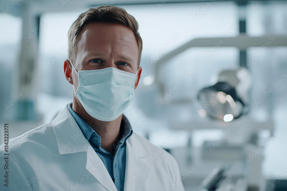 Photo of International Dentist Day celebrated on February 9, close-up portrait of a smiling dentist wearing a white lab coat and face mask, standing confidently in a modern dental clinic, dental chair