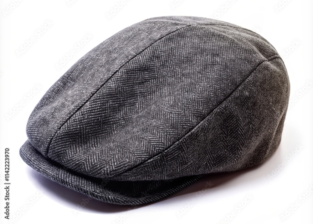 Black Flat Cap Hat Overhead View: Isolated White Background Photography Black Flat Cap Hat Overhead View: Isolated White Background Photography