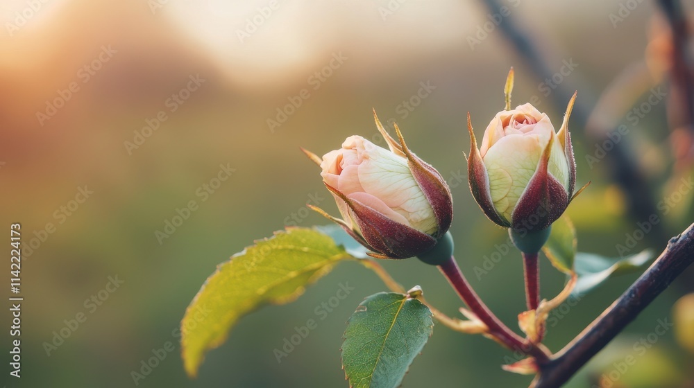 Romantic Close-Up of Delicate Rose Buds Bathed in Soft Evening Light Against a Beautiful Naturally Blurred Background for Floral and Nature Photography
