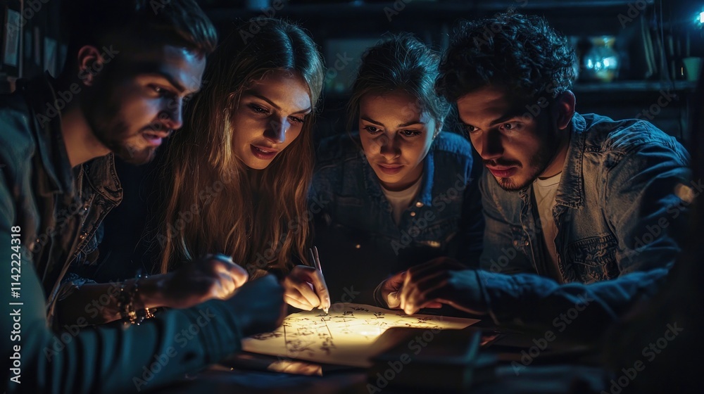 Obraz premium A group of friends working together, solving puzzles in a dark and mysterious escape room