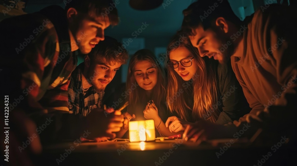 A group of friends working together, solving puzzles in a dark and mysterious escape room A group of friends working together, solving puzzles in a dark and mysterious escape room