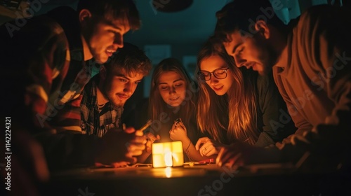 A group of friends working together, solving puzzles in a dark and mysterious escape room