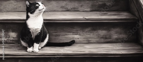 Curious black and white cat on wooden stairs gazes upward capturing an enchanting moment of feline charm and curiosity.