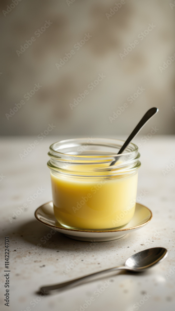 A jar of creamy yellow beef tallow on a plate with a spoon resting on the table beside it.