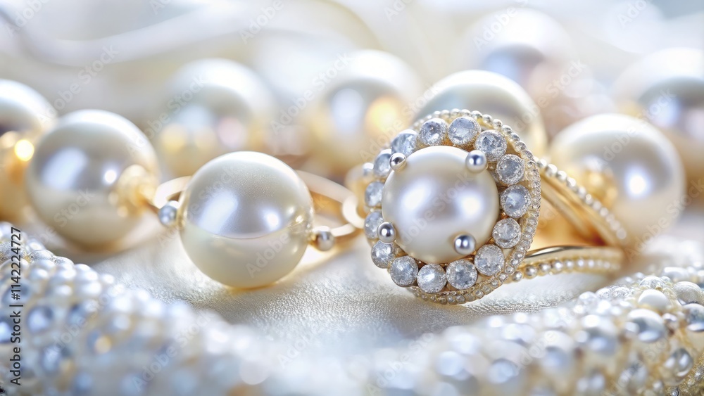 Diamond Pearl Rings: Luxury Jewelry Close-Up Photography, Soft Focus, Worm's Eye View Diamond Pearl Rings: Luxury Jewelry Close-Up Photography, Soft Focus, Worm's Eye View