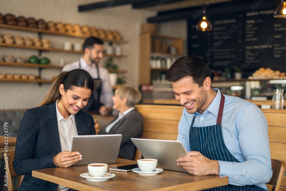 Fototapeta premium Happy Business People Using Tablet in Cafe 