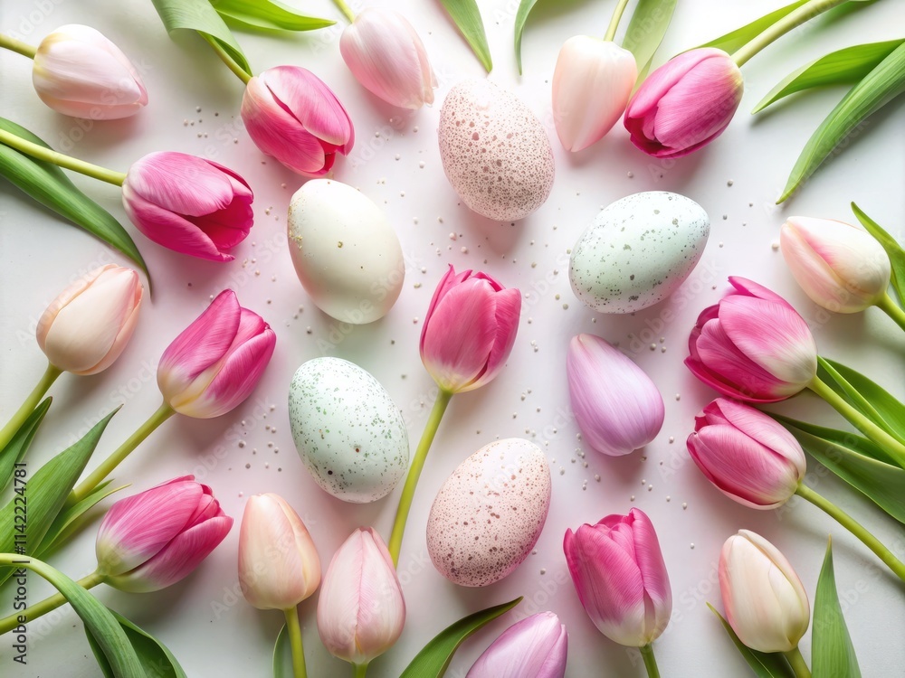 Easter Tulips Flat Lay: Pink & White Spring Flowers, Eggs, Worm's Eye View Photography Easter Tulips Flat Lay: Pink & White Spring Flowers, Eggs, Worm's Eye View Photography