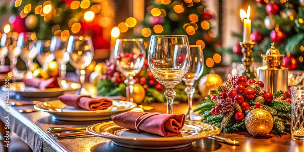 Elegant Festive Restaurant Table Setting: Close-Up Photography - Luxury Dinnerware, Decor, Place Settings Elegant Festive Restaurant Table Setting: Close-Up Photography - Luxury Dinnerware, Decor, Place Settings