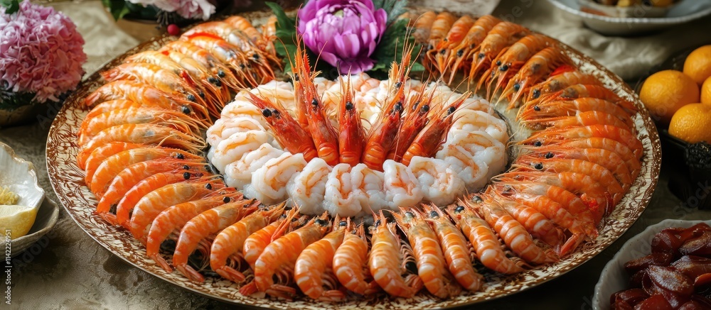 Elegant shrimp dish presentation for banquet buffet showcasing vibrant colors and meticulous arrangement of fresh seafood delicacies Elegant shrimp dish presentation for banquet buffet showcasing vibrant colors and meticulous arrangement of fresh seafood delicacies