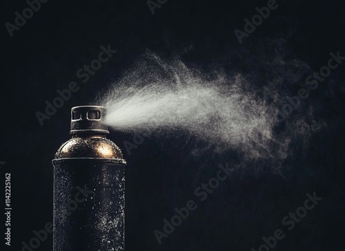 Aerosol can spraying fine mist against dark background. photo