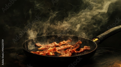 Crispy bacon sizzling in a frying pan with aromatic steam creating a flavorful cooking atmosphere photo