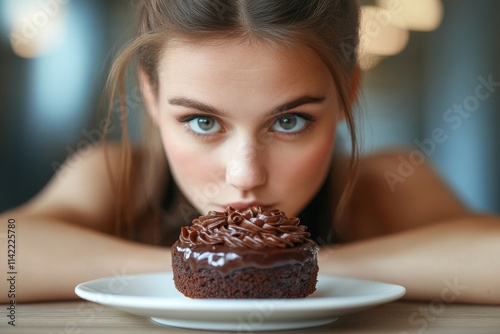 Girl on dieting for good health and good shape concept. Cheated woman sneak eating sweet during dieting, Generative AI