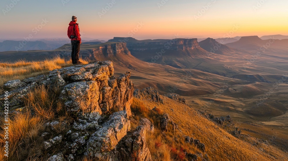 A hiker standing on top of a mountain, looking out over a vast valley below at sunrise A hiker standing on top of a mountain, looking out over a vast valley below at sunrise
