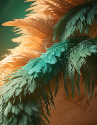 Vibrant green turquoise hue on feathered background with soft orange light , ,  Bird Feathers photo