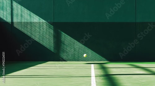 Shuttlecock resting on a green badminton court with dynamic shadows creating a visually appealing sports atmosphere photo