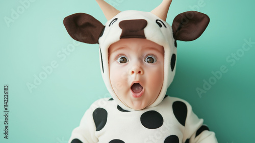 Adorable Baby Dressed in Cow Costume with Surprised Expression Against a Bright and Playful Mint Green Background
